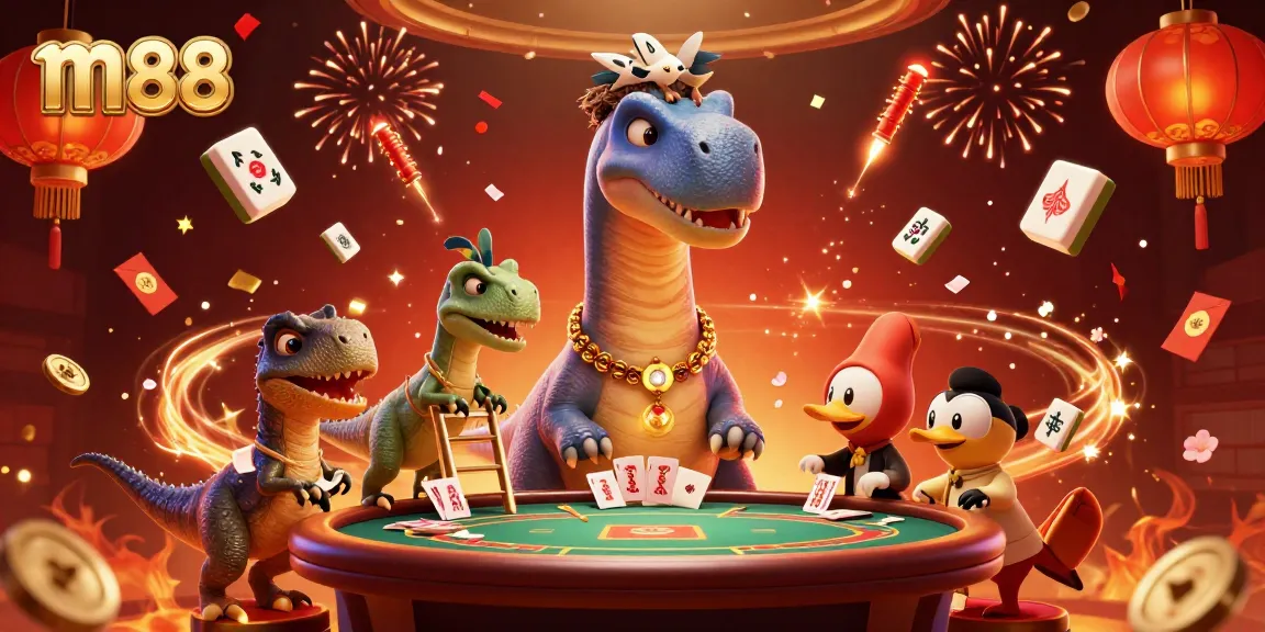 Engage with m88’s exciting gaming environment featuring colorful characters and casino elements.