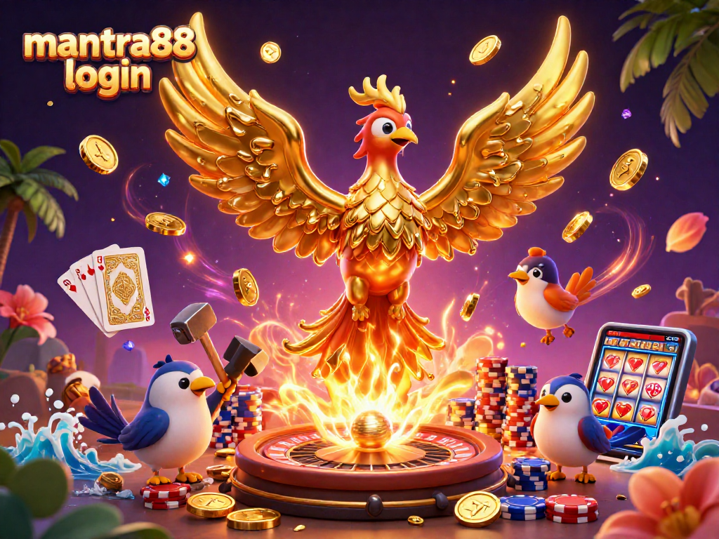 Experience seamless mantra88 login with a vibrant scene of casino elements, coins, and a glowing phoenix.