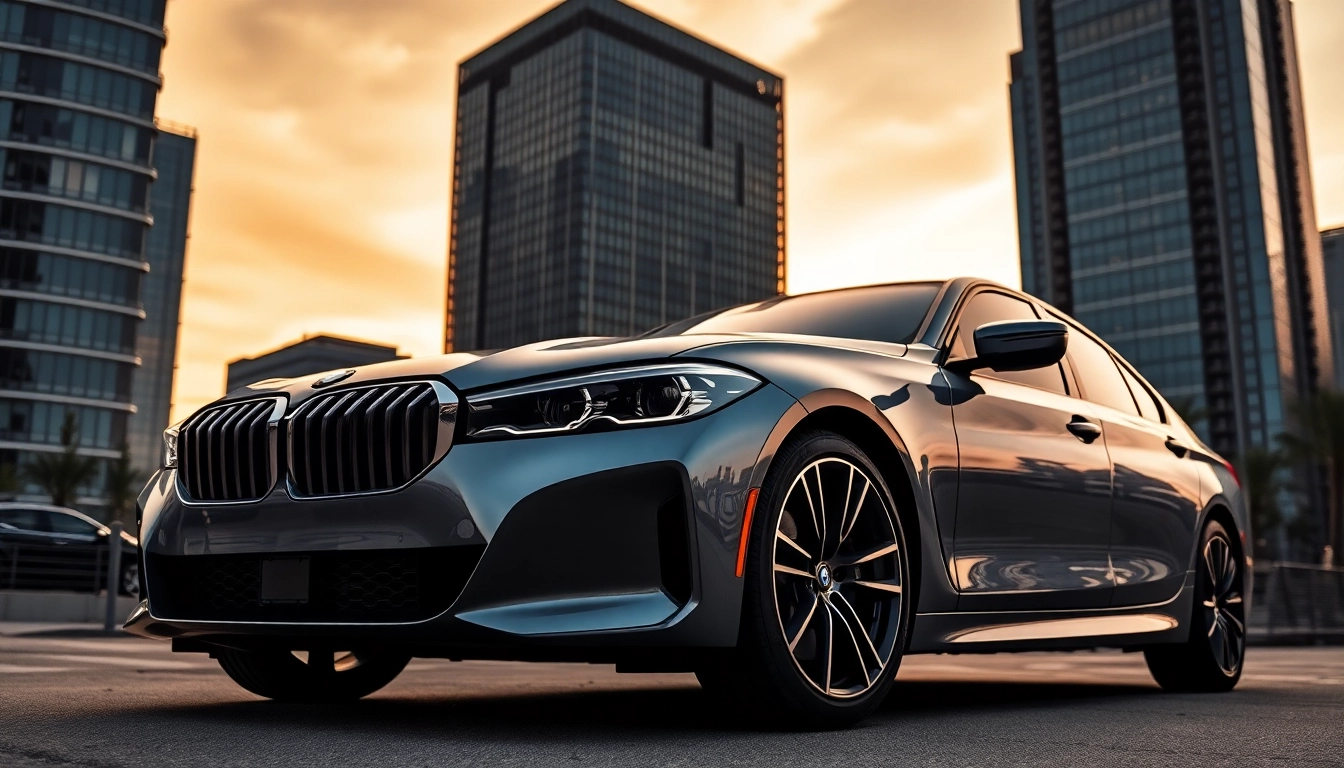 Admiring a Luxury BMW car in a sophisticated urban backdrop showcasing its elegant design.