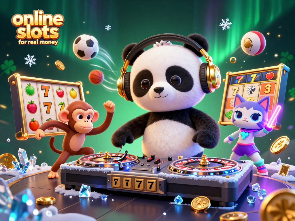 Spin the reels with online slots for real money in this vibrant 3D casino scene.