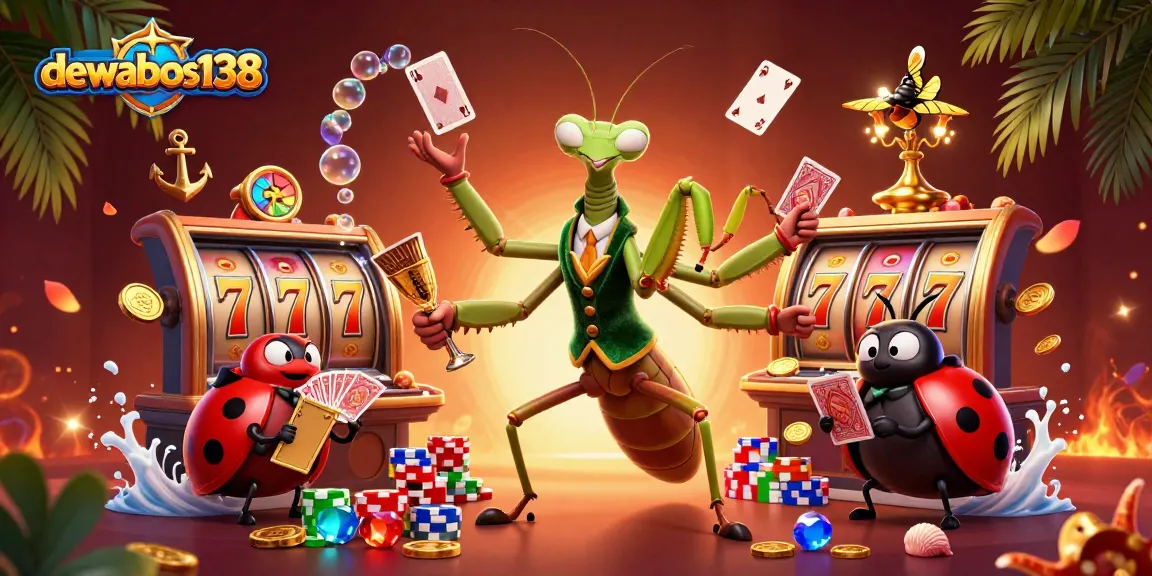 Experience thrilling gameplay with dewabos138 as a giant mantis card sharp deals winning hand; a vivid casino illustration.