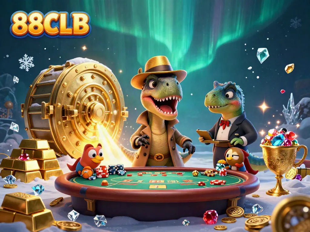 Experience vibrant casino action with 88CLB's dynamic characters amidst treasures and gambling elements.