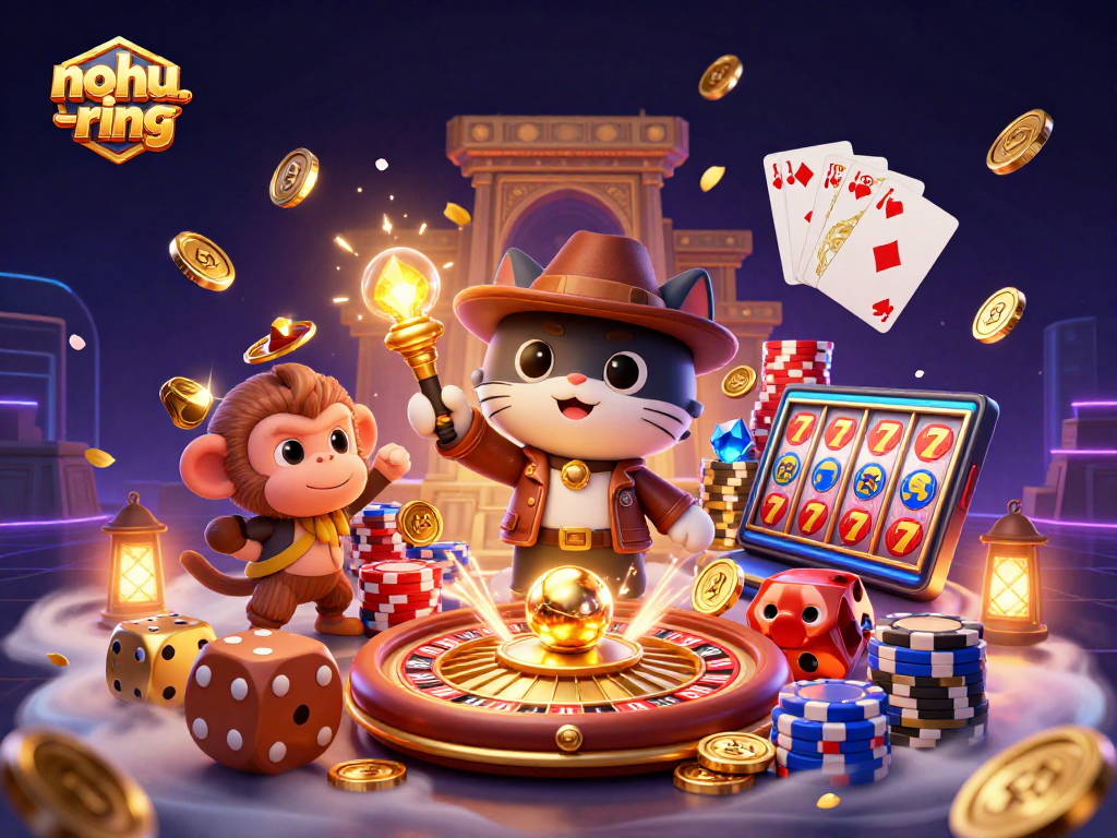 Engage with nohu-ring as the cartoon archaeologist cat discovers golden casino treasures amidst spinning reels and cascading coins.