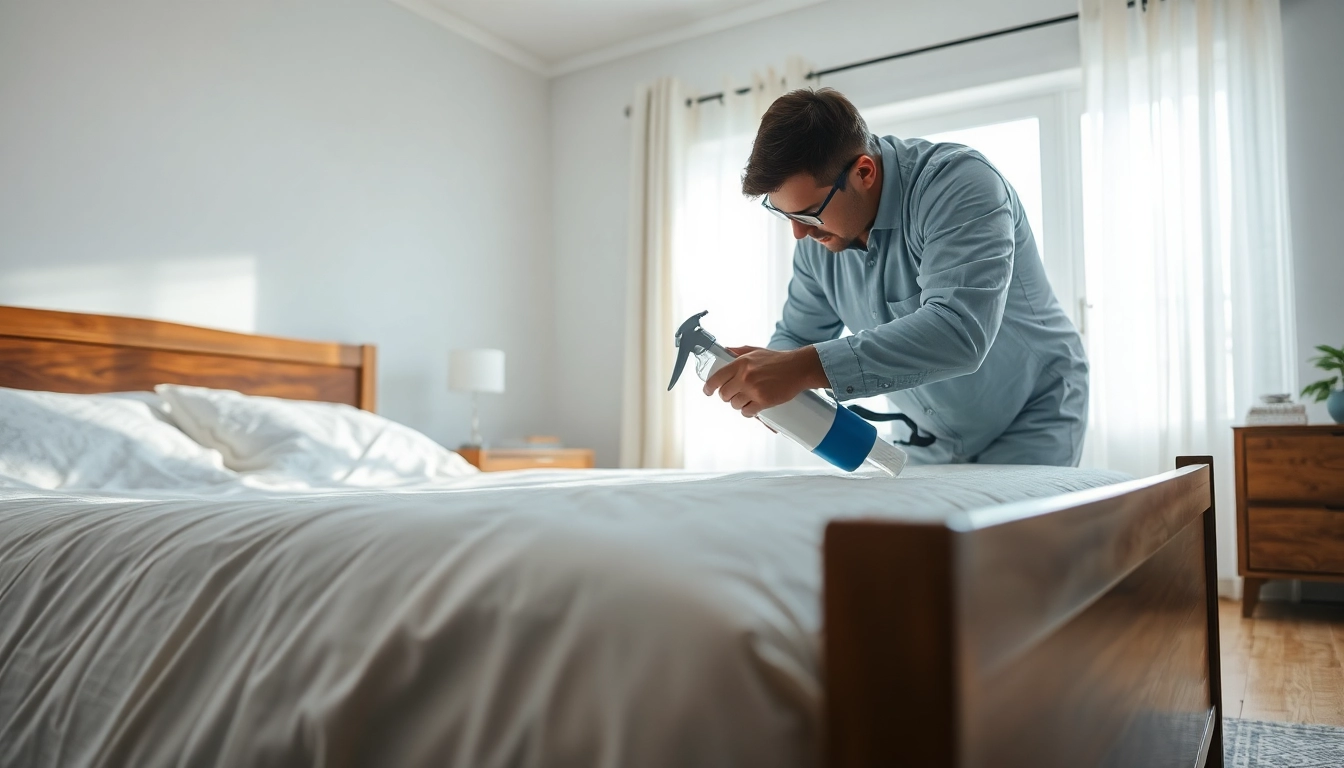 Technician performing bed bug removal treatment in a tidy bedroom environment.