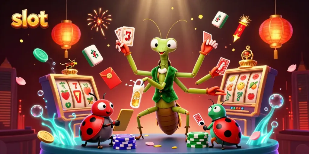 Engaging slot-themed 3D illustration featuring a card sharp mantis and ladybug pit boss surrounded by vibrant symbols.