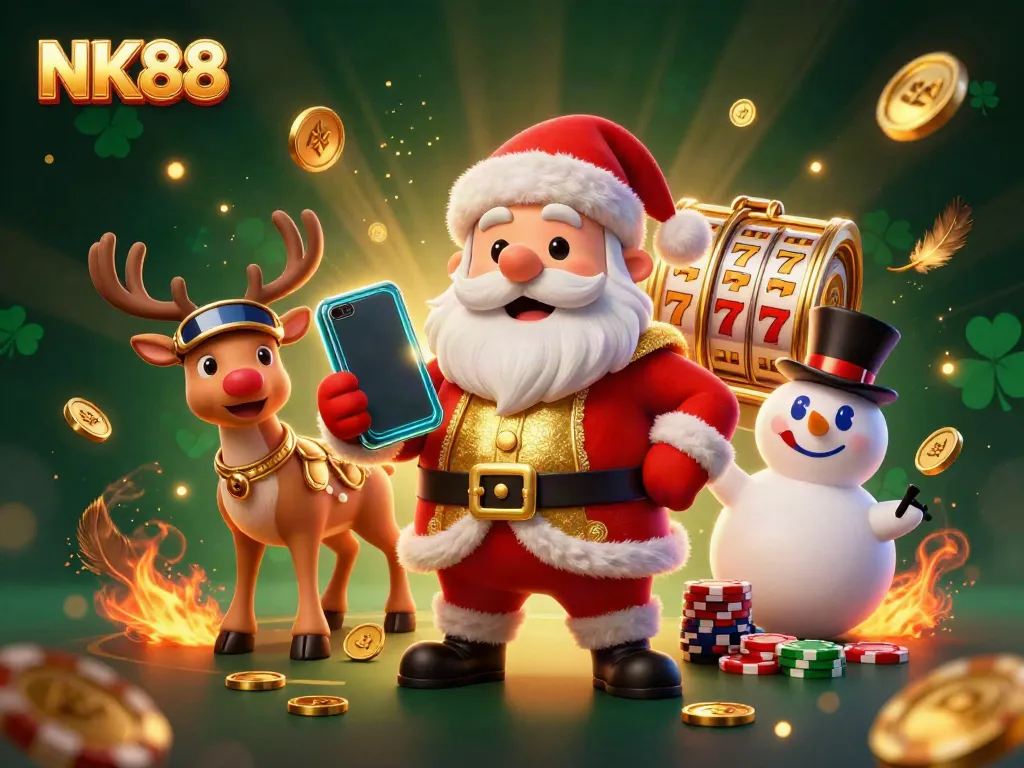 Experience the thrill with NK88's colorful casino scene featuring joyful characters and jackpot slots.