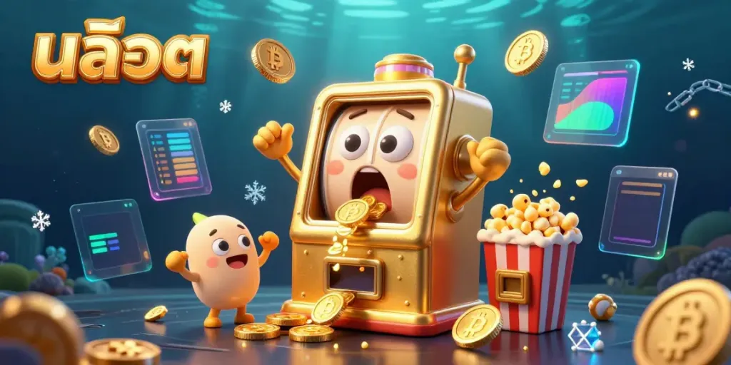 Experience the thrill of สล็อต as a golden slot machine hits the jackpot with coins pouring out, surrounded by vibrant casino elements.