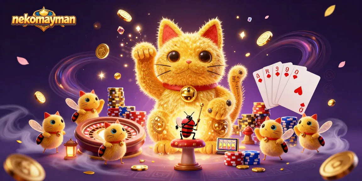 Spin to win with nekomayman and experience the mesmerizing lucky cat in this vibrant casino scene.