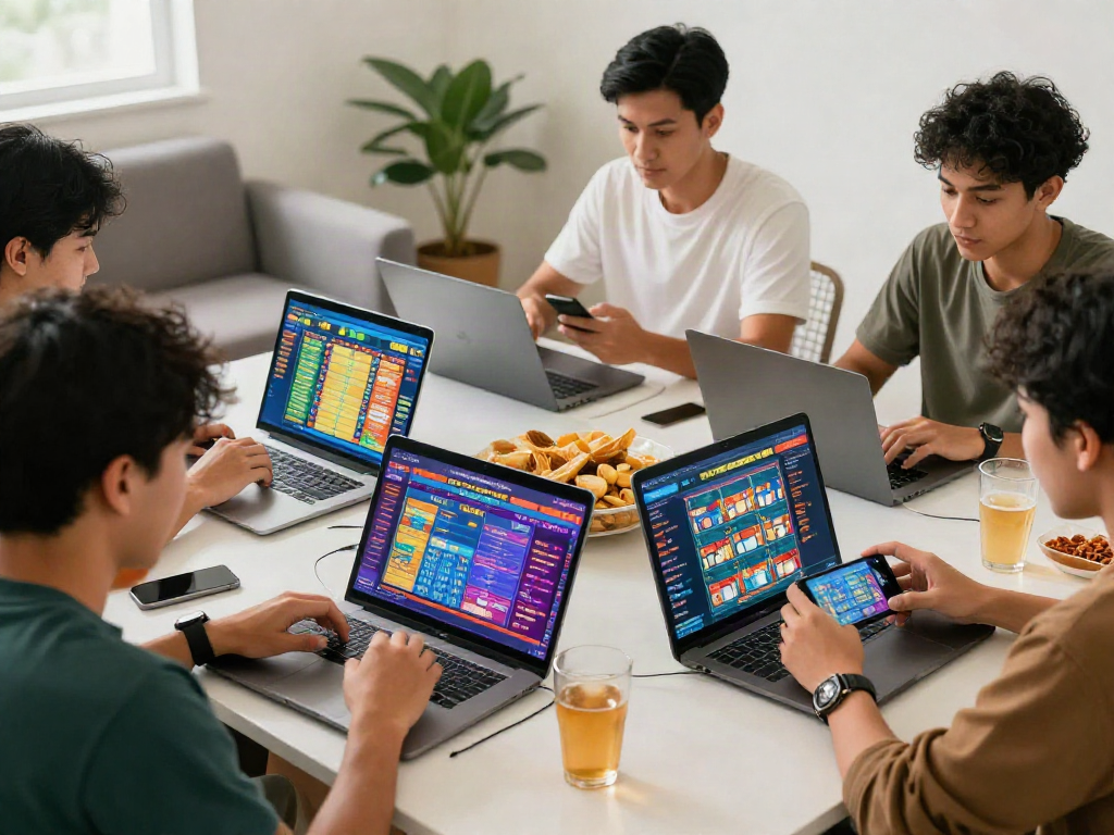 Players enjoying togel online games on laptops and smartphones in a lively setting.