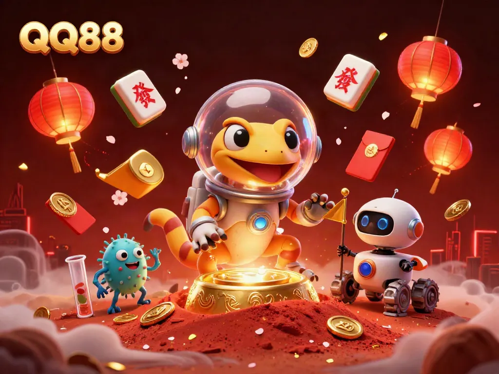 Experience the thrilling world of QQ88 with a Martian gecko exploring a vibrant cosmic casino.
