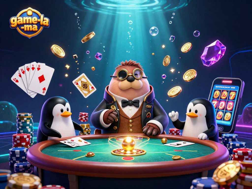 Experience thrilling moments in the game-la-ma underwater poker scene featuring a walrus and friends.