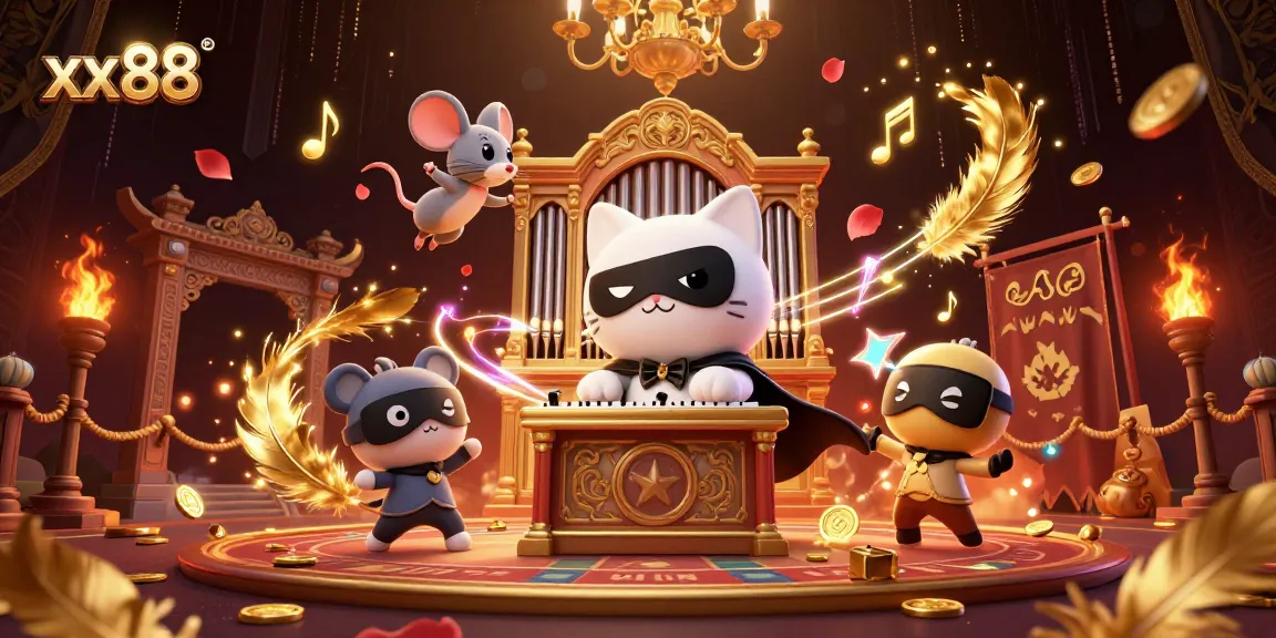 Engage with xx 88's vibrant casino atmosphere featuring a phantom cat at an organ amidst dynamic gaming elements.
