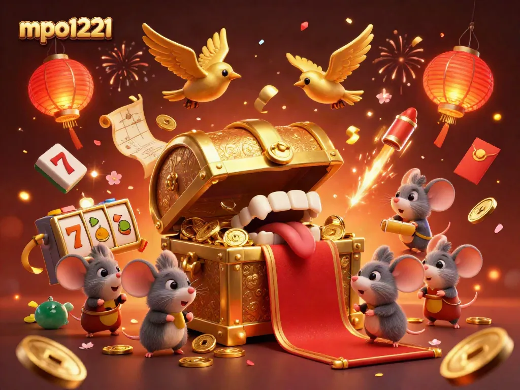Engage with mpo1221, a vibrant illustration depicting slot treasures and adventurous mice in a casino setting.