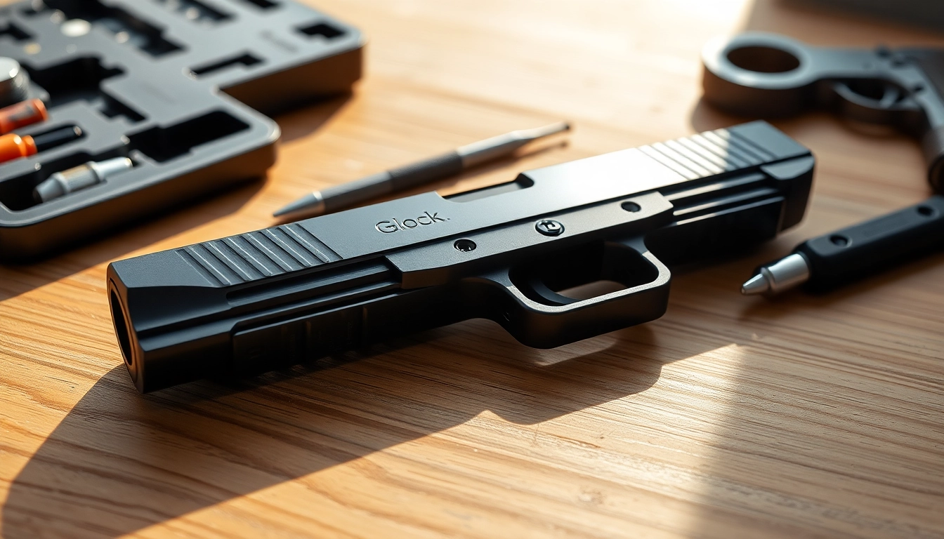 View of glock 19 slides on a wooden table, highlighting its sleek design and craftsmanship.