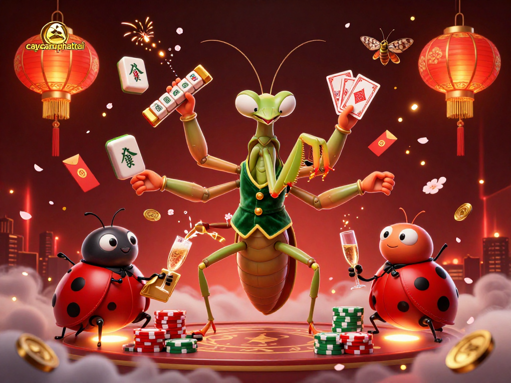 Experience thrilling gameplay in caycanhphattai; a vibrant 3D casino scene featuring a giant mantis card sharp and ladybug pit boss.