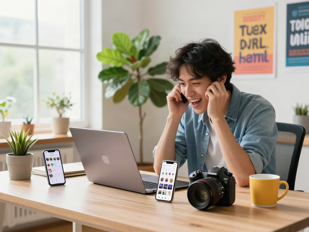 Download Pikashow Apk on a laptop in a vibrant home workspace with tech gadgets and natural light.