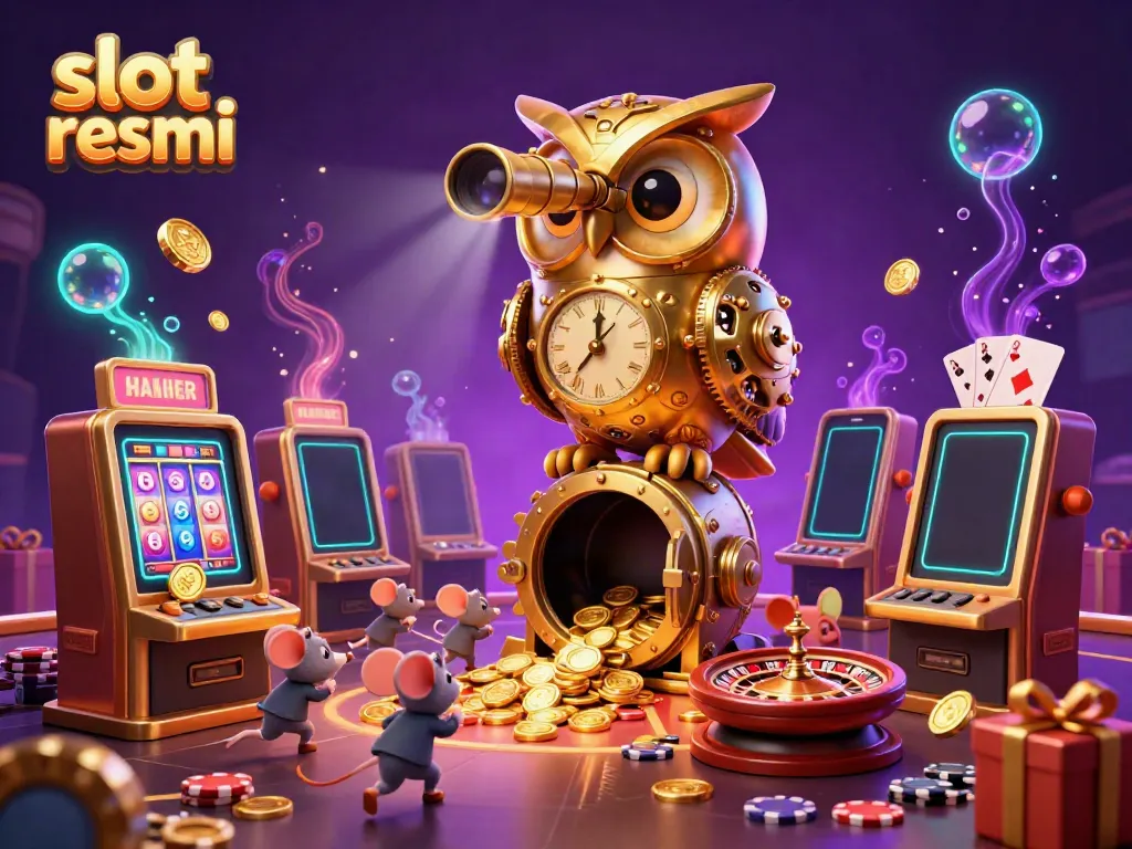 Engage with slot resmi in a vibrant casino scene featuring golden owl and playful mice around animated slot machines.