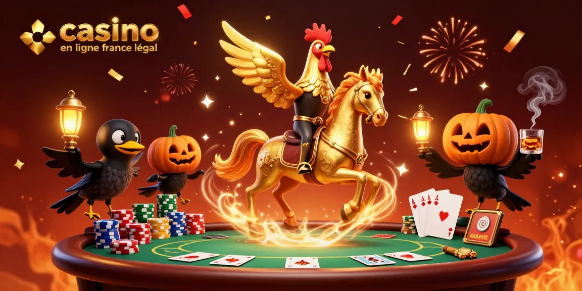 Illustration d'un casino en ligne France légal avec un coq doré et ses compagnons.
