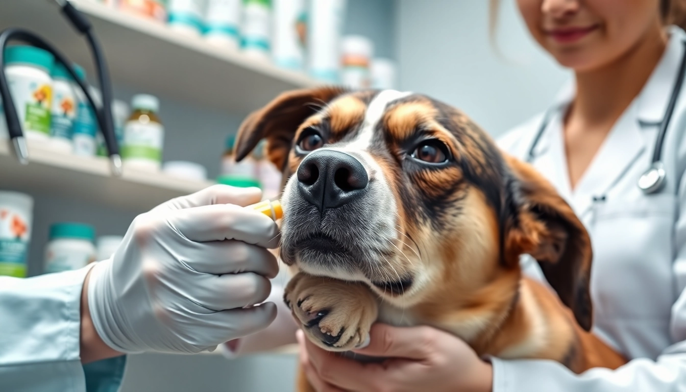 Apply DMSO for dogs in a clinical setting with a calm dog receiving treatment.