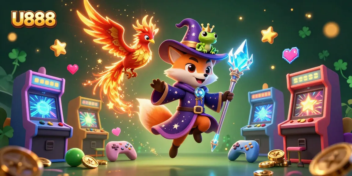 Experience the thrill of U888 gaming with a magical scene showcasing vibrant 3D characters and arcade elements.