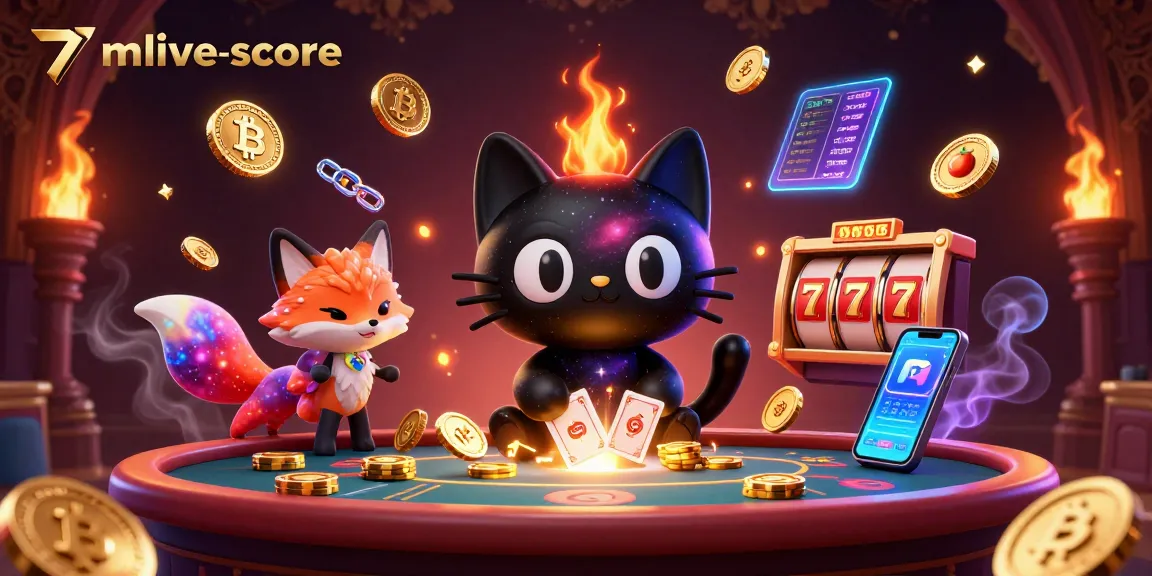 Engage with the cosmic casino experience at 7mlive-score featuring vibrant 3D characters and digital slot elements.