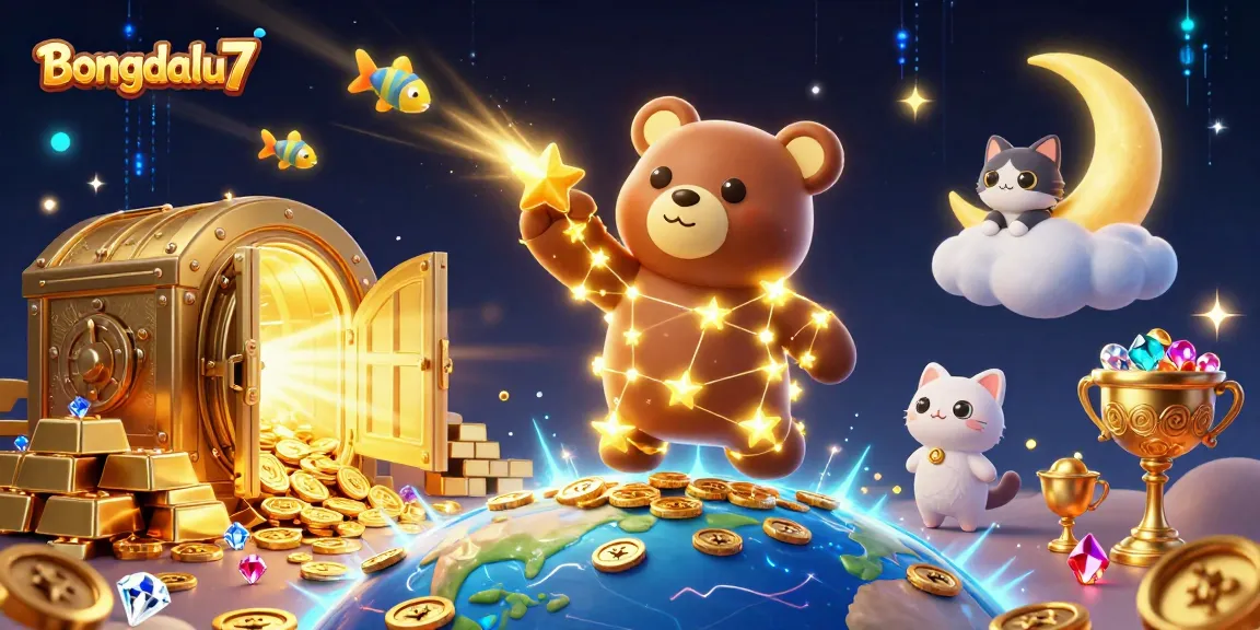 Bongdalu7 features a constellation bear in a vibrant 3D casino scene, capturing the excitement of winning in gambling.