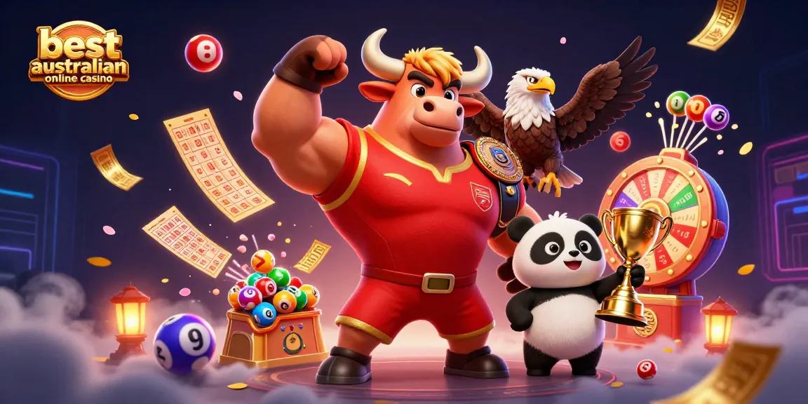 Engaging scene showcasing the best australian online casino with vibrant gambling elements and animated mascots.