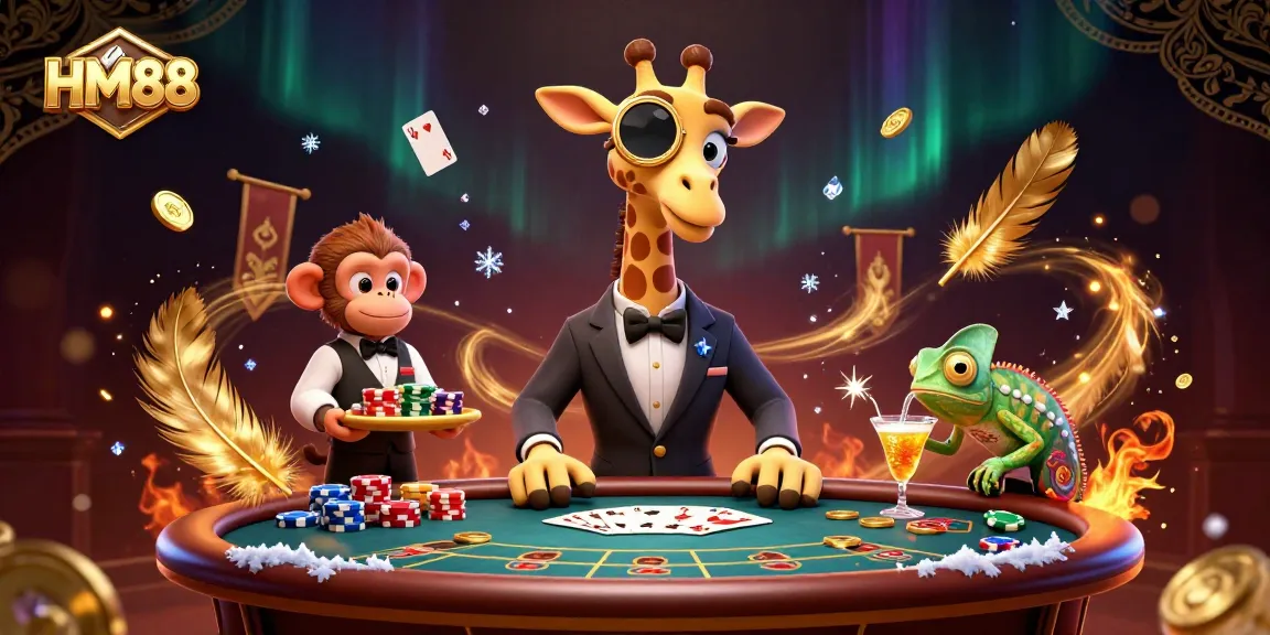 Experience the excitement of HM88 with a vibrant 3D scene of a high-roller giraffe at a poker table.