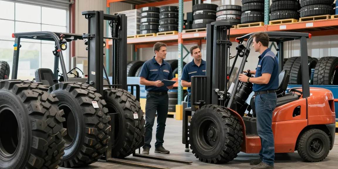 Explore forklift tyres for sale in a bustling warehouse environment with professionals examining quality options.