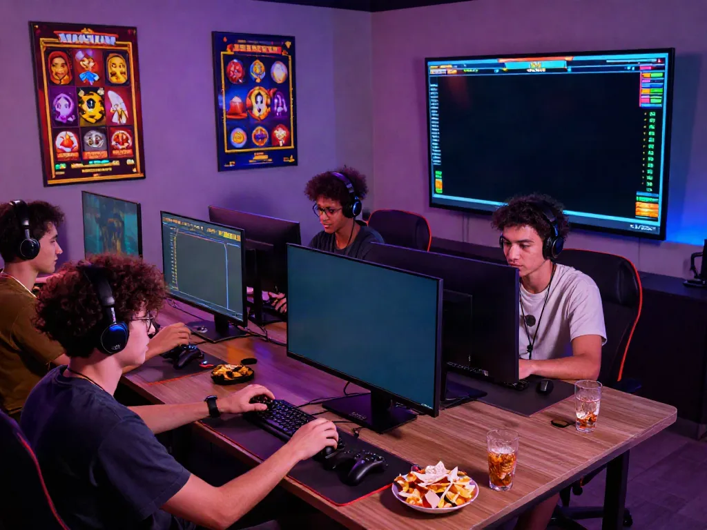 Exciting gaming scene highlighting สล็อตเว็บตรง enthusiasts playing on high-definition monitors with friends.