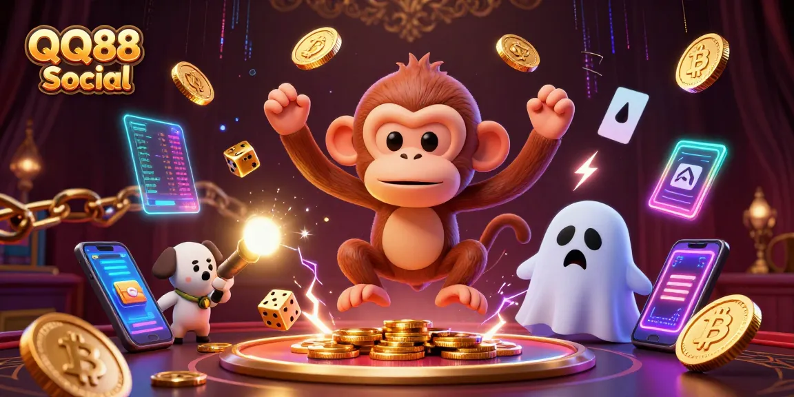 Engage with QQ88 Social in a vibrant, action-packed casino scene featuring crypto elements and exciting gameplay.