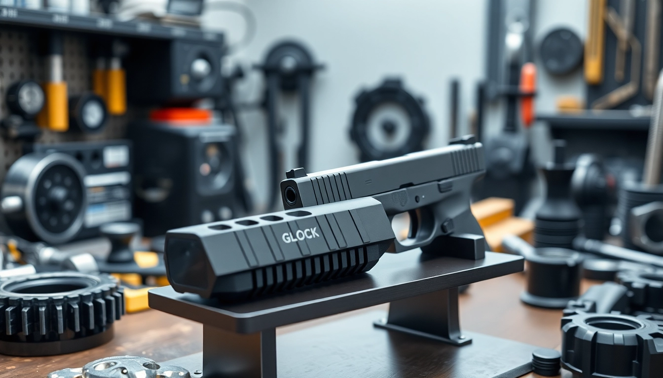 Examine high-quality glock slides showcased on a modern display stand with professional detailing.