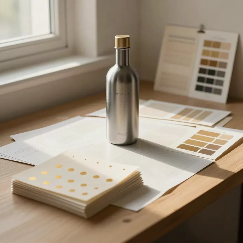 Mock bottle and storyboard prints on a launch table in warm window light.