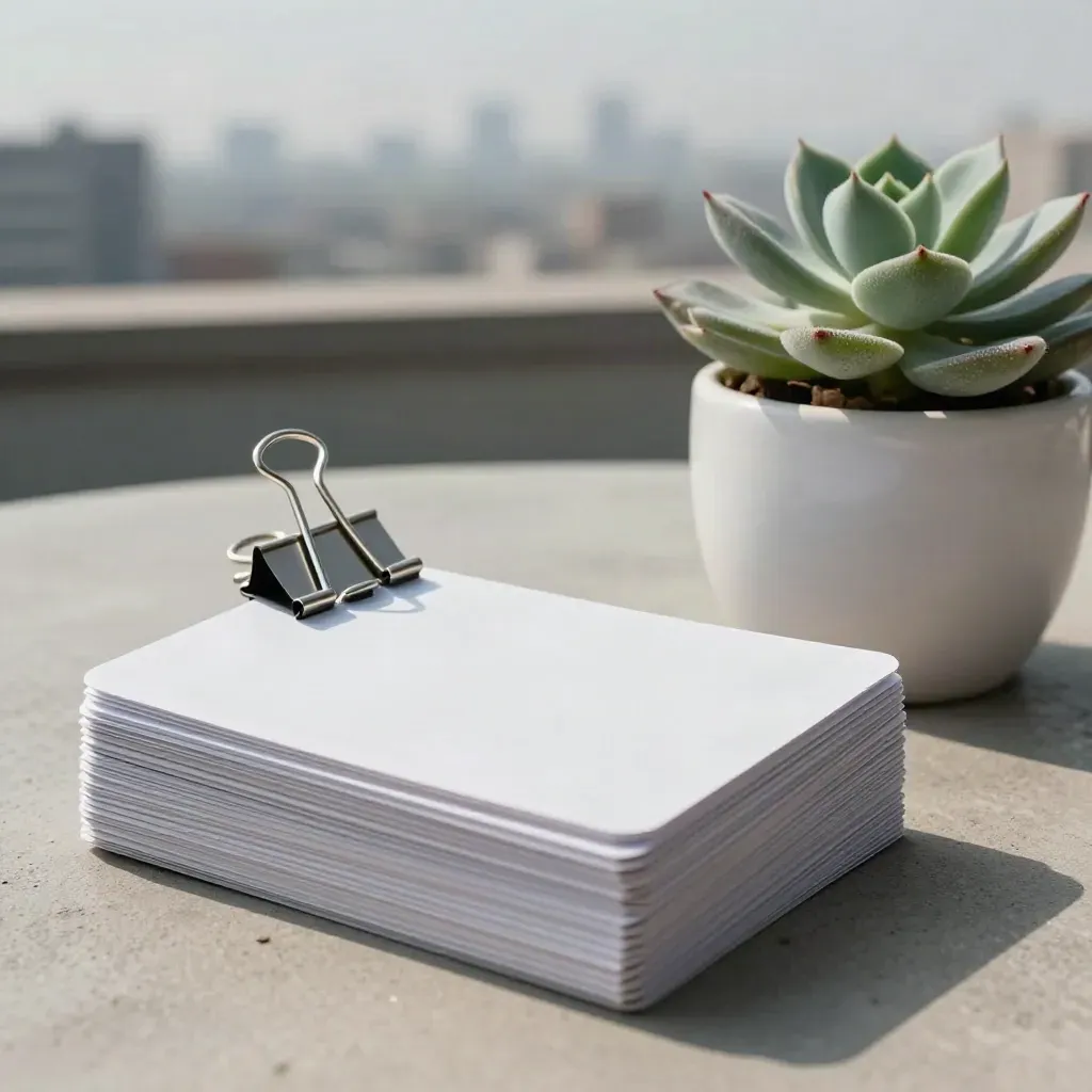 Blank social grid cards fan across a rooftop table beside binder clips and a small succulent.