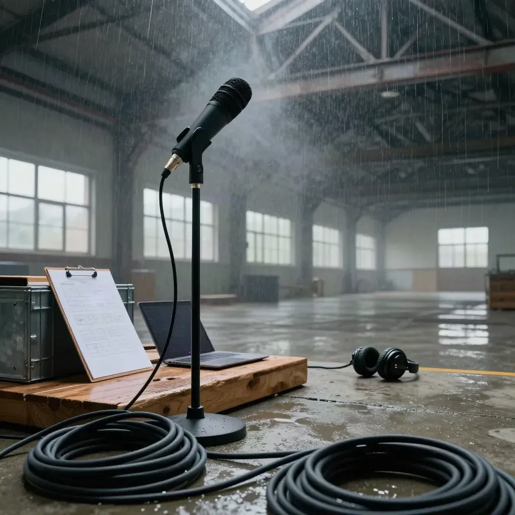 Matte-black broadcast microphone, cable coils, storyboard boards, laptop and headphones in a rain-damp loft.