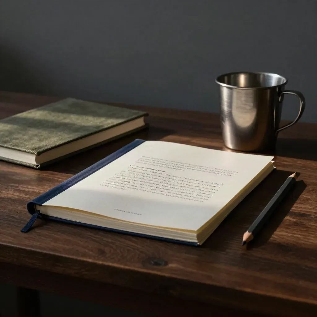 Face-down ad drafts, notebook, metal cup and pencil on a dark studio desk at dusk.