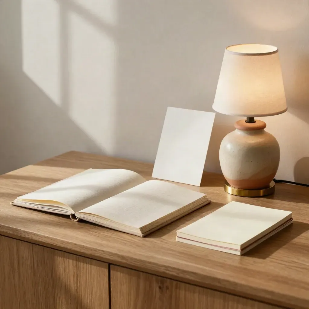 Folded bio booklet, blank portrait card, ceramic lamp and stacked notepad on a sunlit credenza