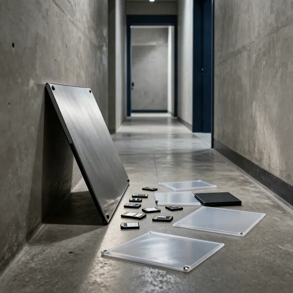 Memory cards and clip sleeves on a concrete corridor beside a studio light panel.