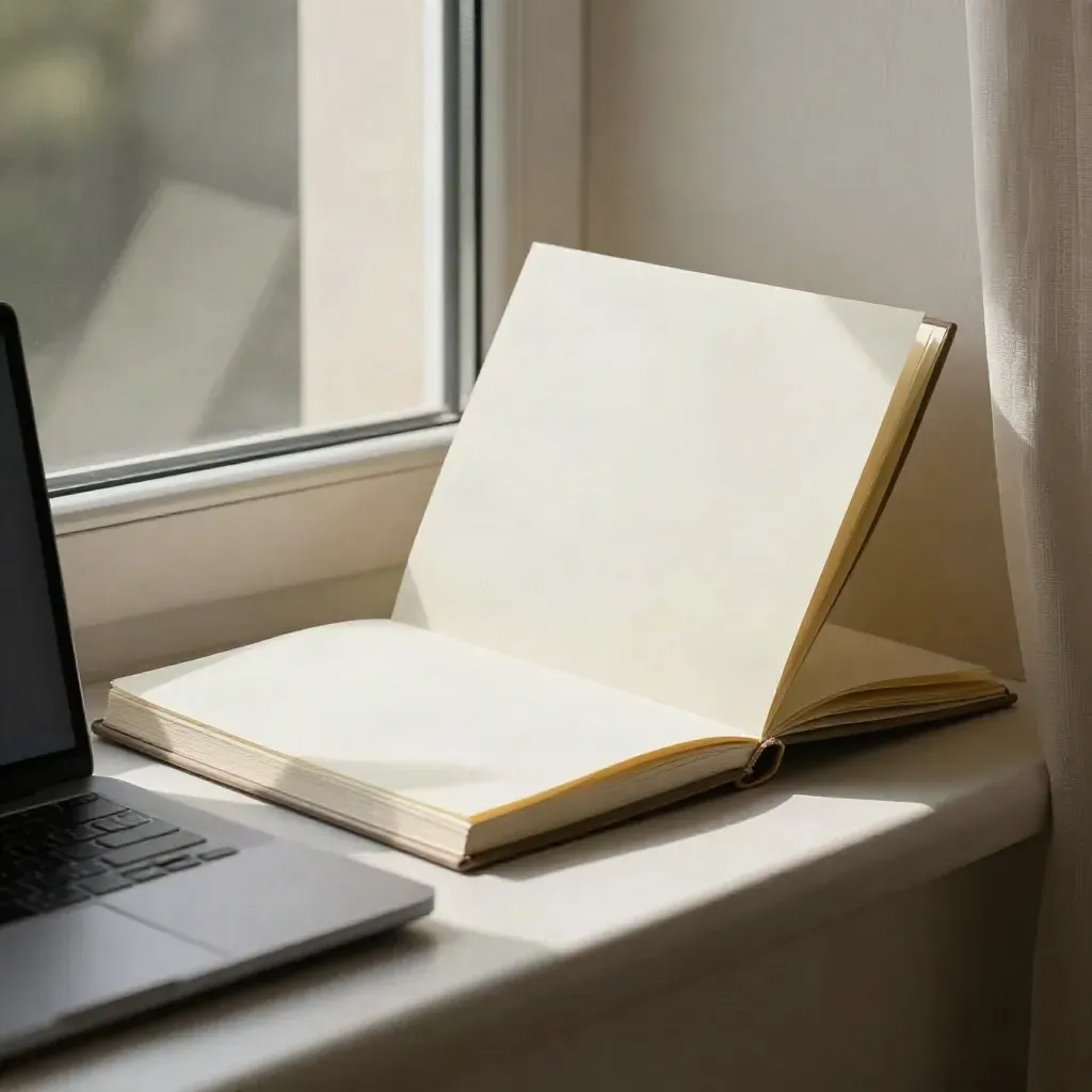 Closed laptop, blank notebook, and angled reference sheets on a bright windowsill, page corner lifting.
