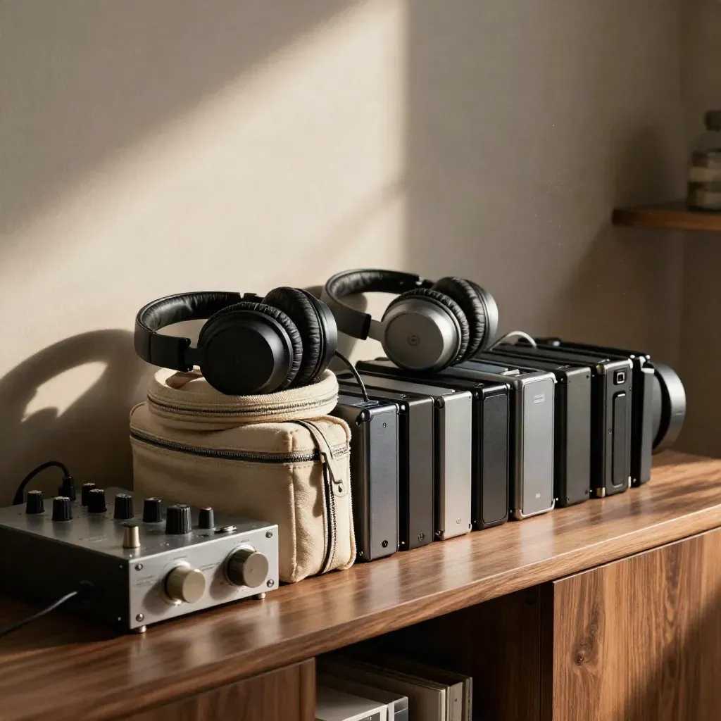 Podcast editing gear stacked on a console table in warm late-afternoon light.