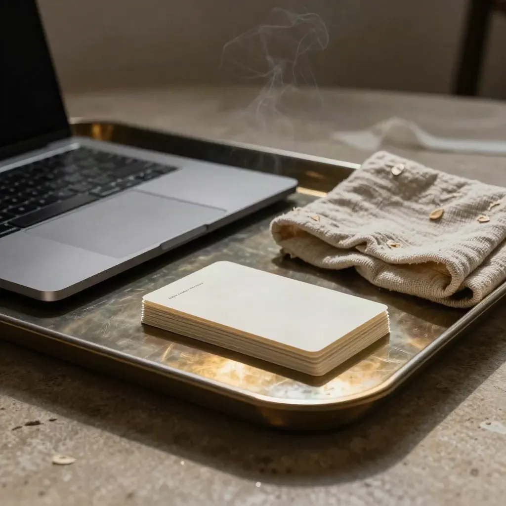Low cinematic studio scene with draft cards, closed laptop, metal tray, and folded cloth.