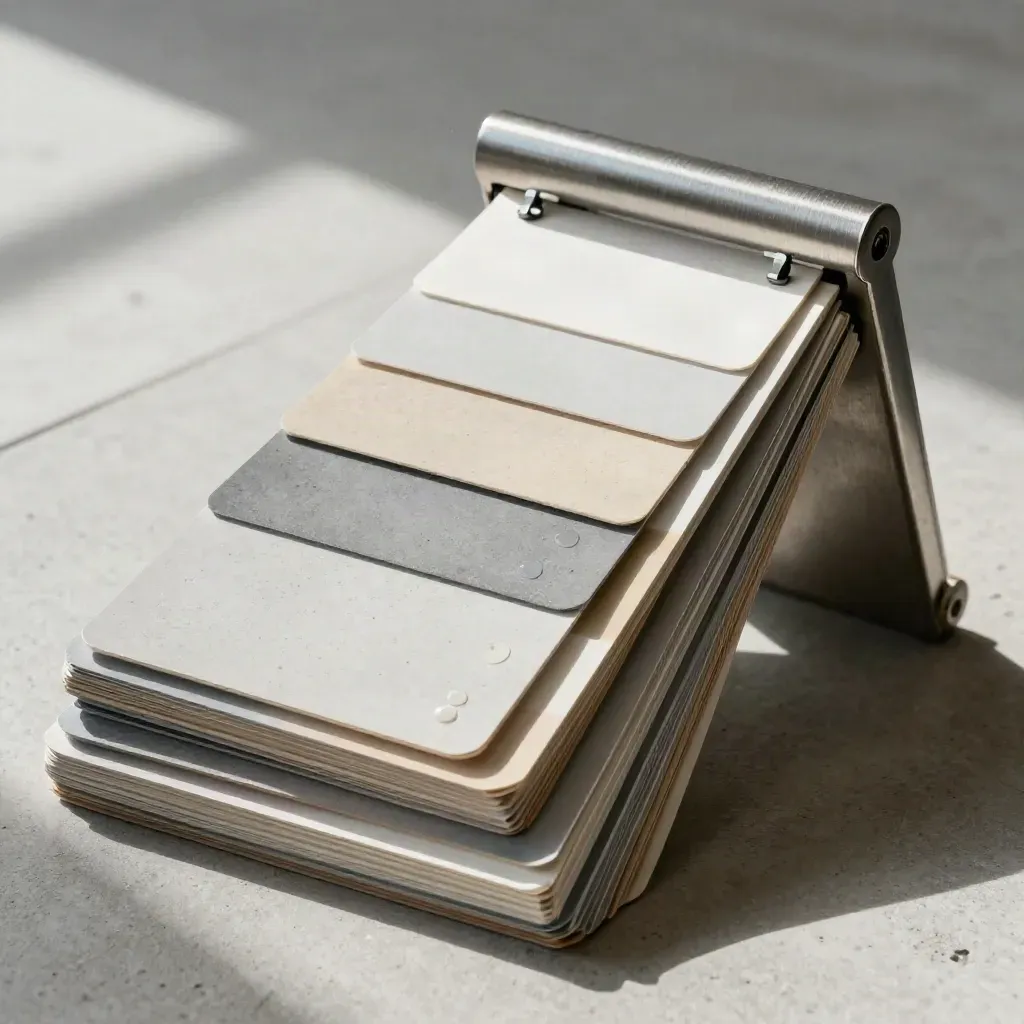 Slide boards, swatches, adhesive dots, and a prop rail stacked in bright studio light.