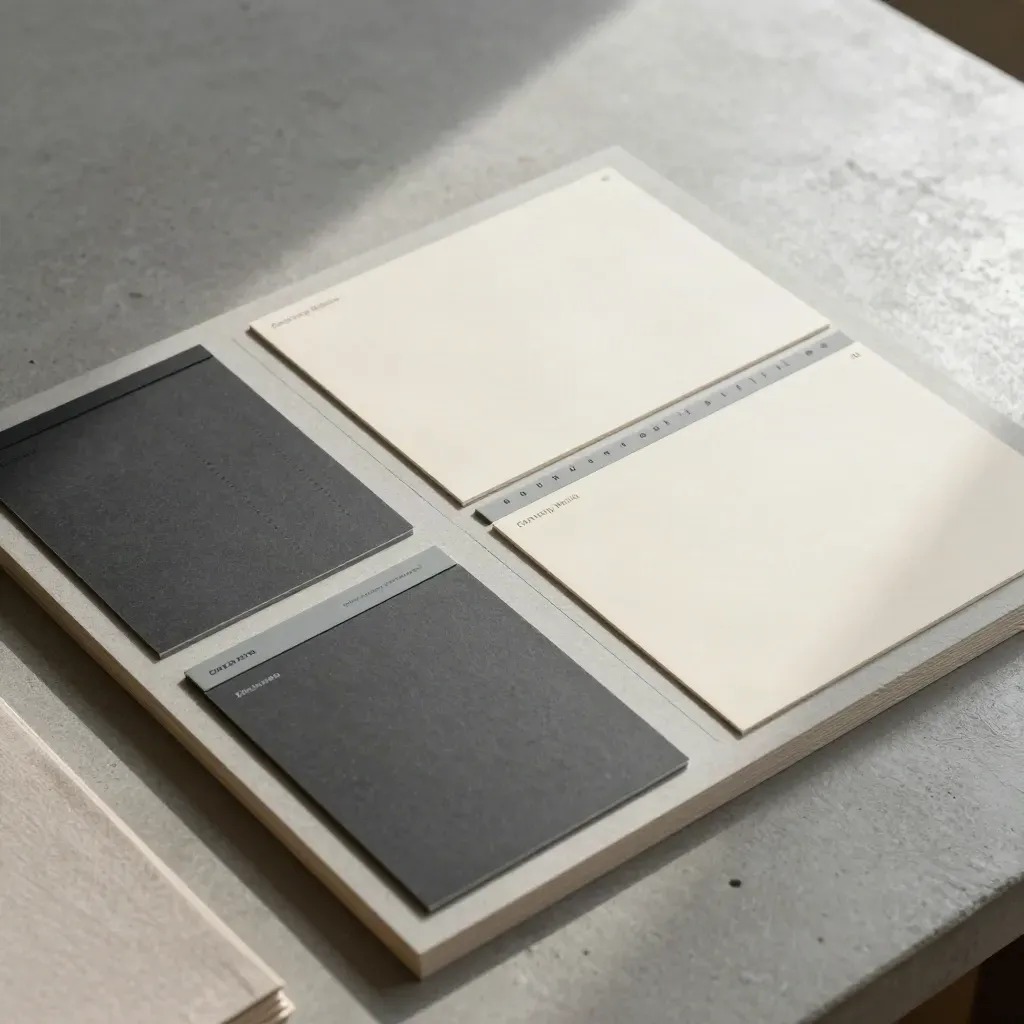 Top-down modular content board with blank tabs and planning cards on a charcoal table.