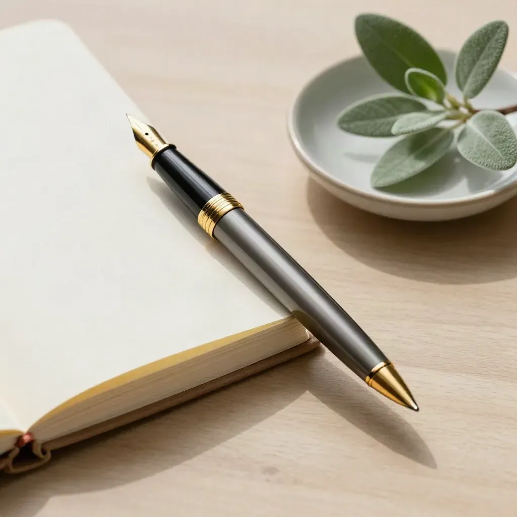 Overhead still life of a fountain pen, cream notebook, ceramic dish and small plant on pale wood.