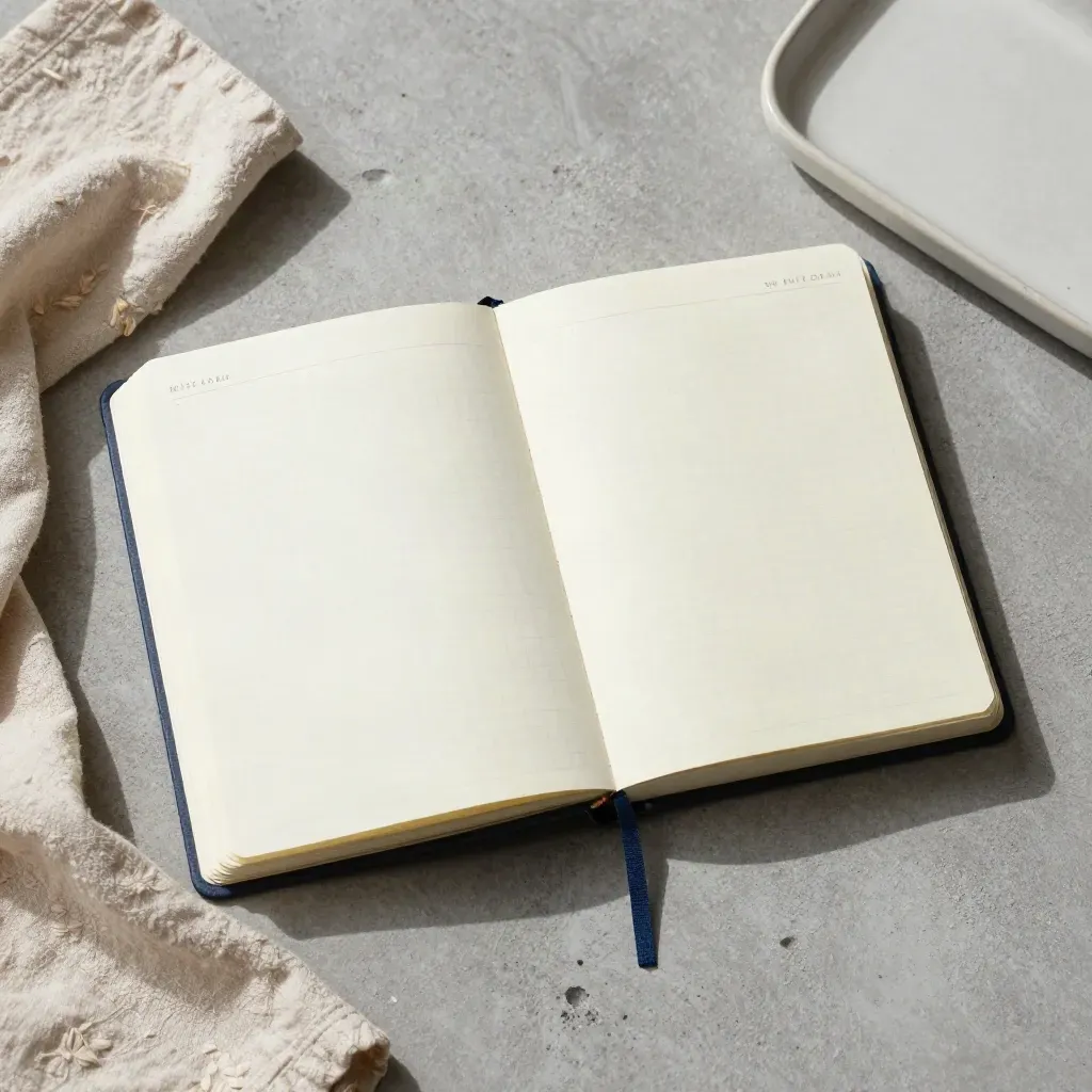 Open planner with navy tabs, cloth, and ceramic tray on concrete, top-down.