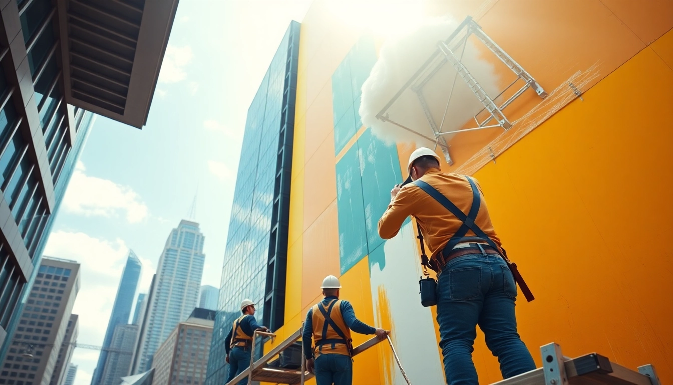 Commercial painting team revitalizing an office building’s exterior with vibrant colors.