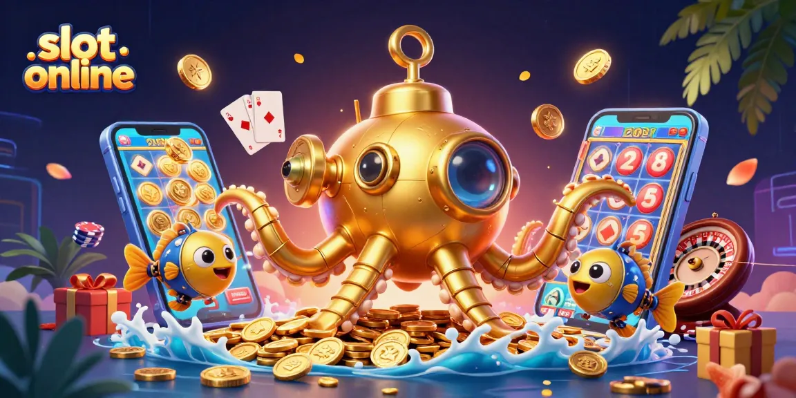 Play slot online with vibrant visuals of golden kraken and jackpot games surrounded by coins