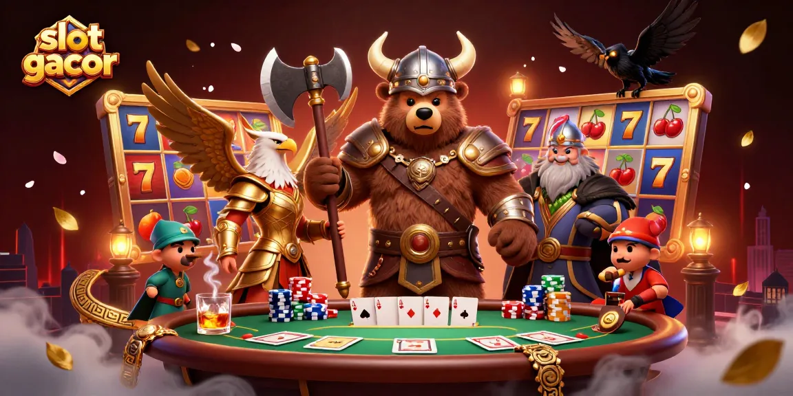 Play and win with exciting slot gacor games surrounded by dynamic cartoon characters in a vibrant casino scene.