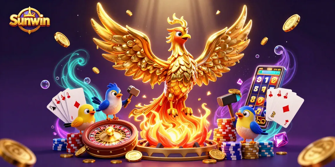 Experience the thrilling world of Sunwin as golden phoenixes and coins bring excitement to the casino realm.
