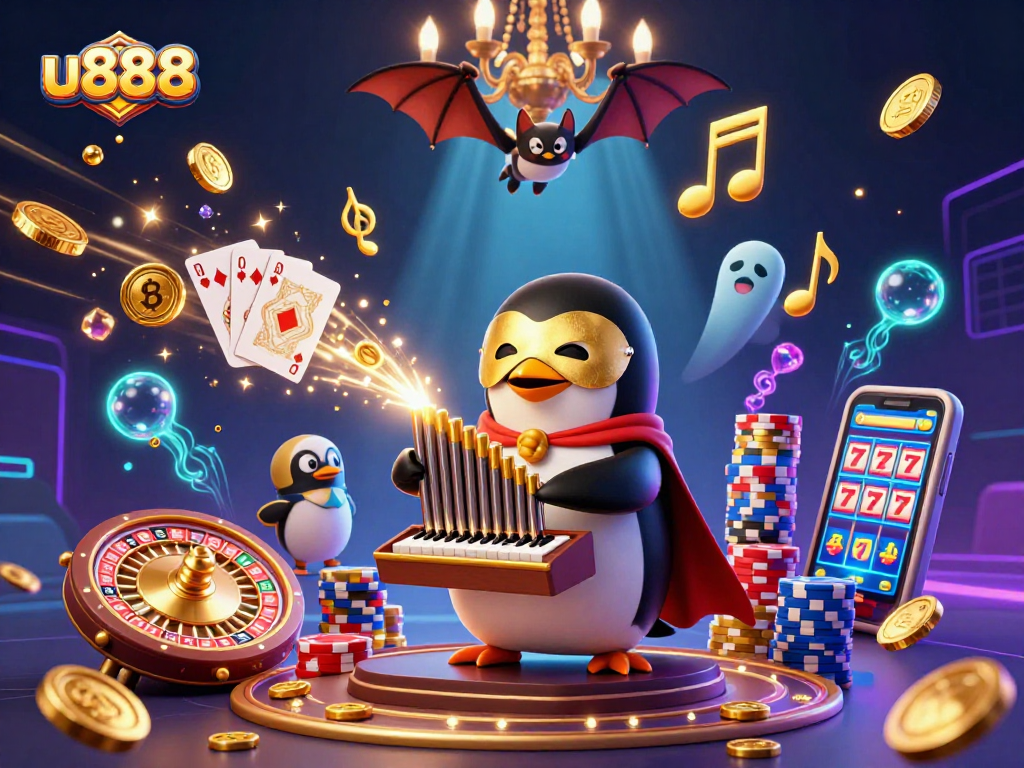 Experience excitement at u888 casino with a colorful array of games, coins, and a stunning penguin pianist.